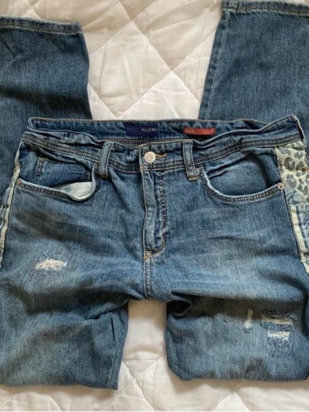 Pilcro Men's Medium Blue Distressed Relaxed Jeans with Leopard Side Panel
